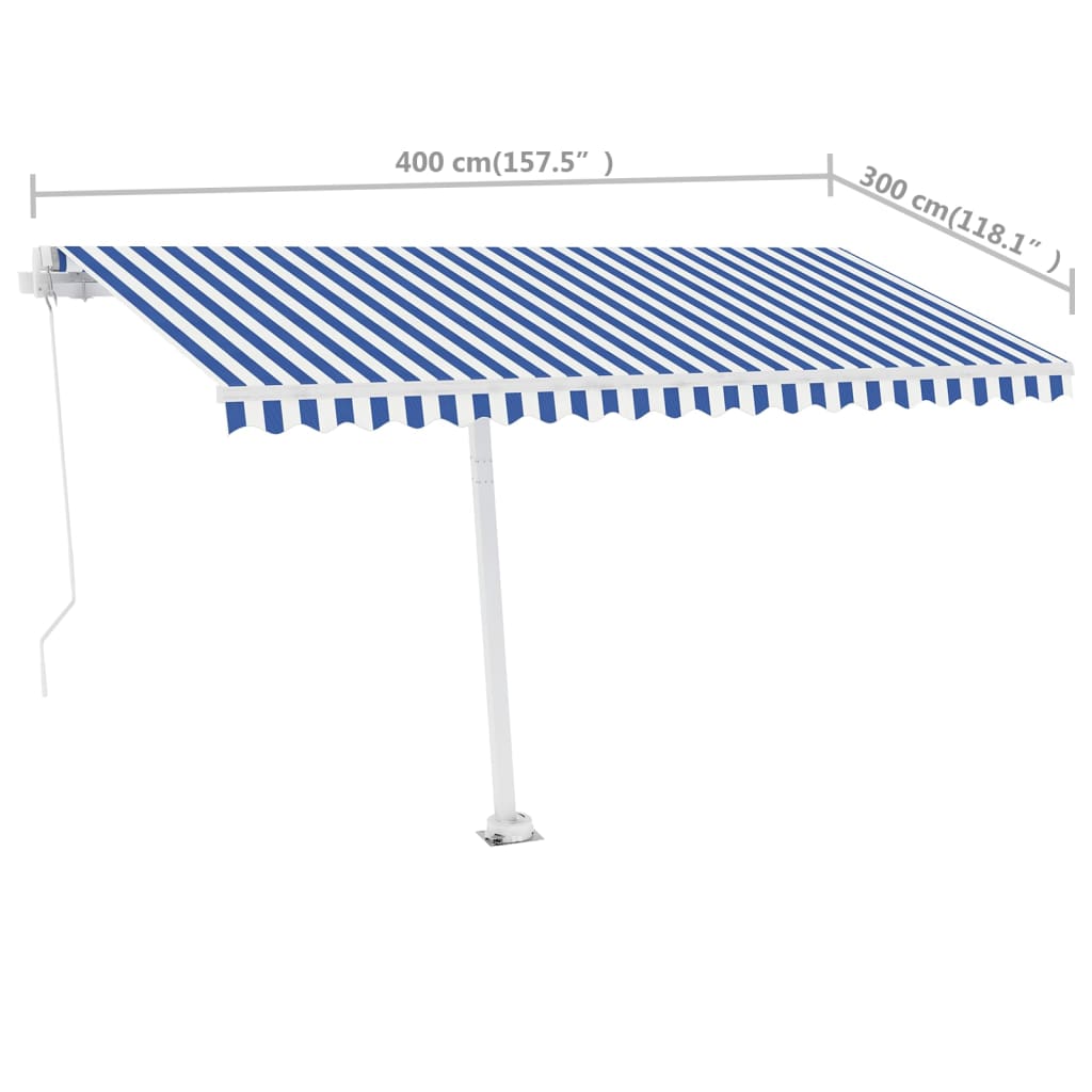 Frittstående manuell uttrekkbar markise 400x300 cm blå/hvit