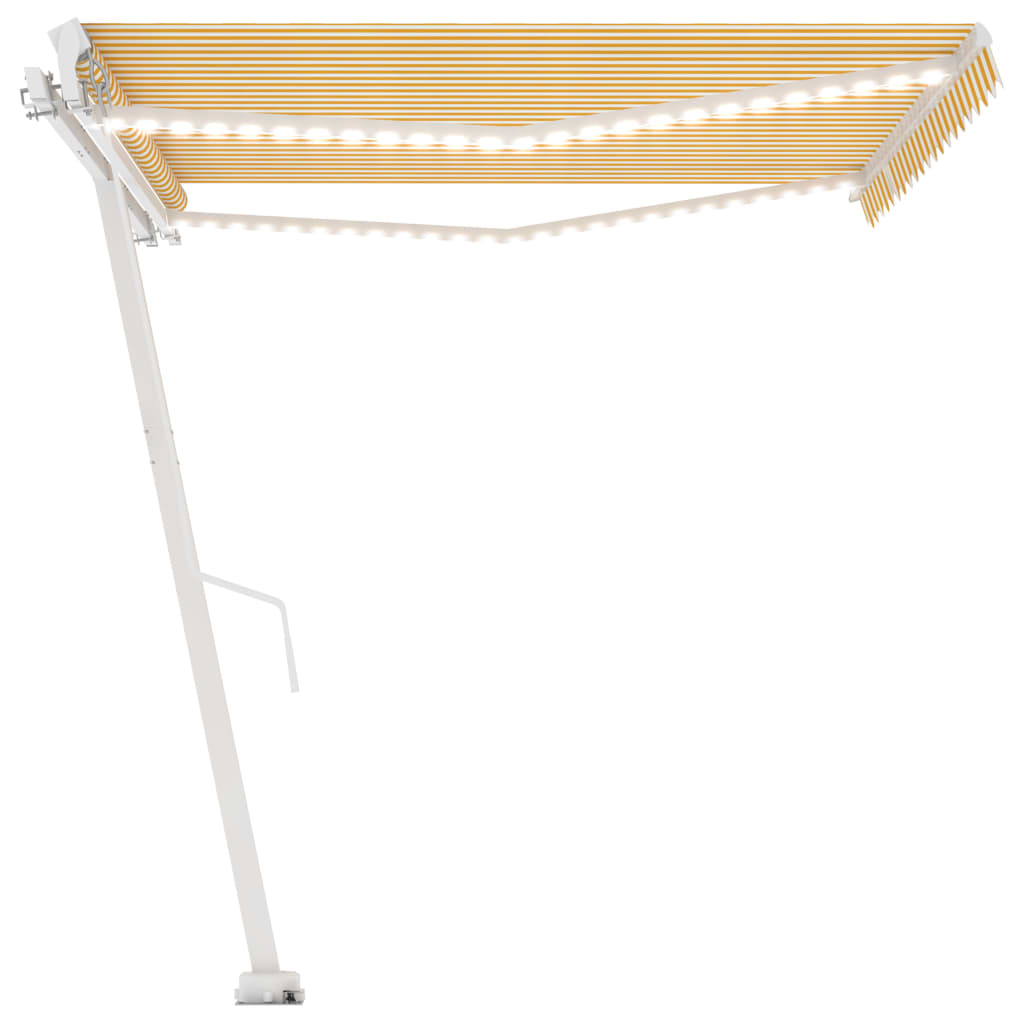 Manuell uttrekkbar markise med LED 450x300 cm gul og hvit