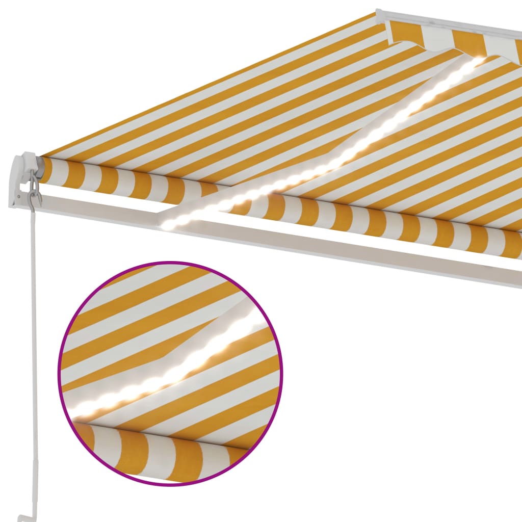 Manuell uttrekkbar markise med LED 450x300 cm gul og hvit