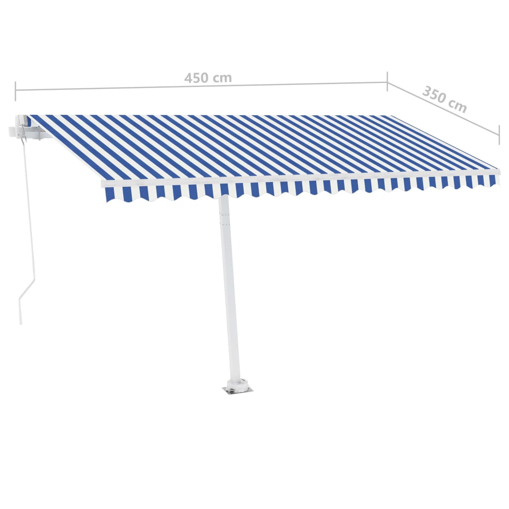 Frittstående manuell uttrekkbar markise 450x350 cm blå/hvit