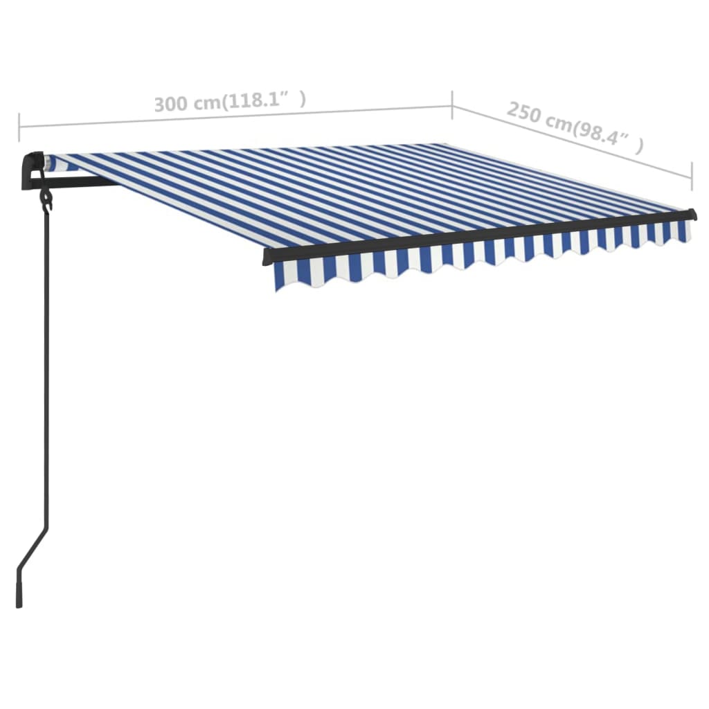 Manuell uttrekkbar markise med LED 3x2,5 m blå og hvit