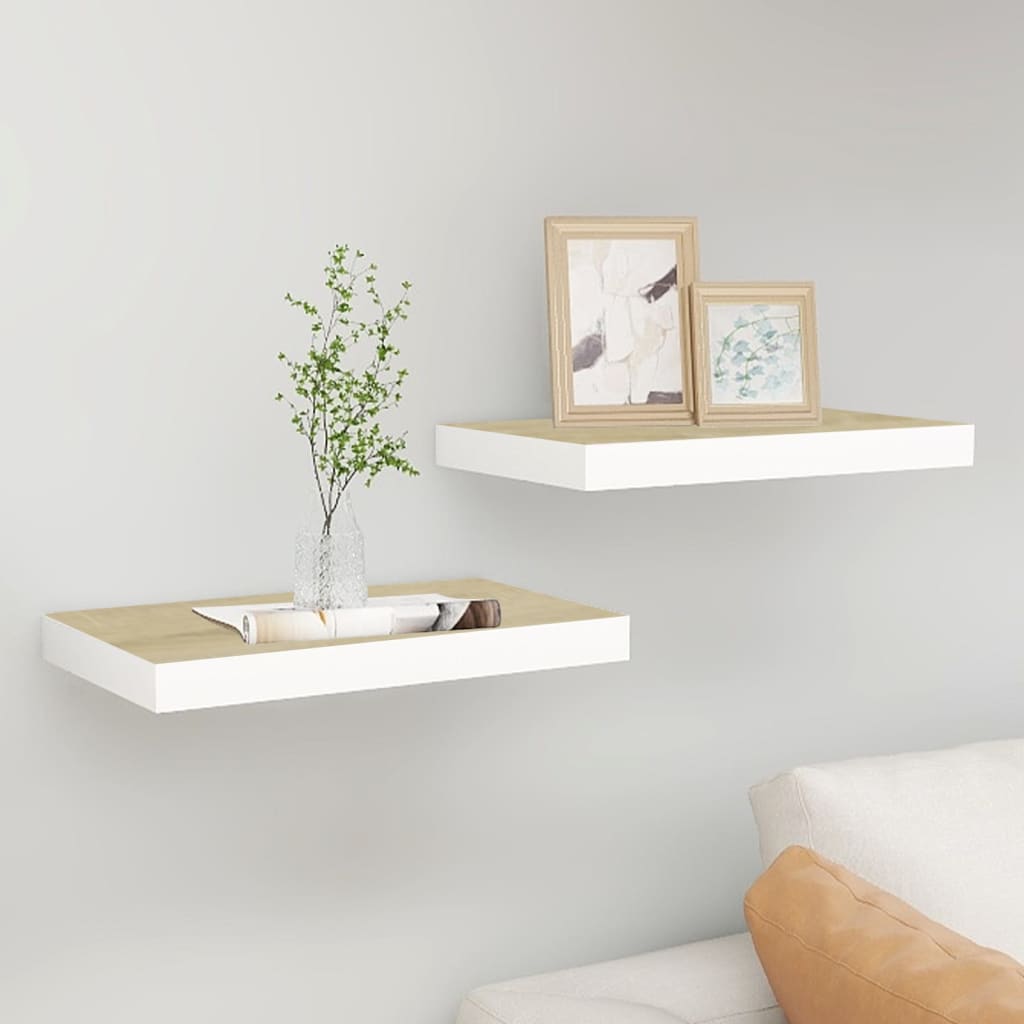 Flytende vegghyller 2 stk eik og hvit 50x23x3,8 cm MDF