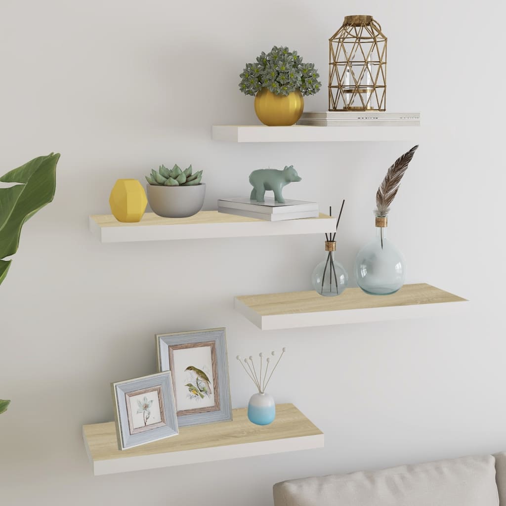 Flytende vegghyller 4 stk eik og hvit 60x23,5x3,8 cm MDF