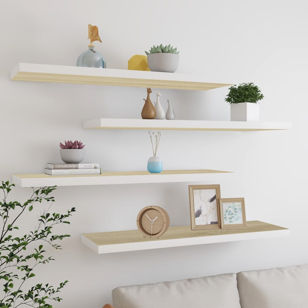 Flytende vegghyller 4 stk eik og hvit 90x23,5x3,8 cm MDF