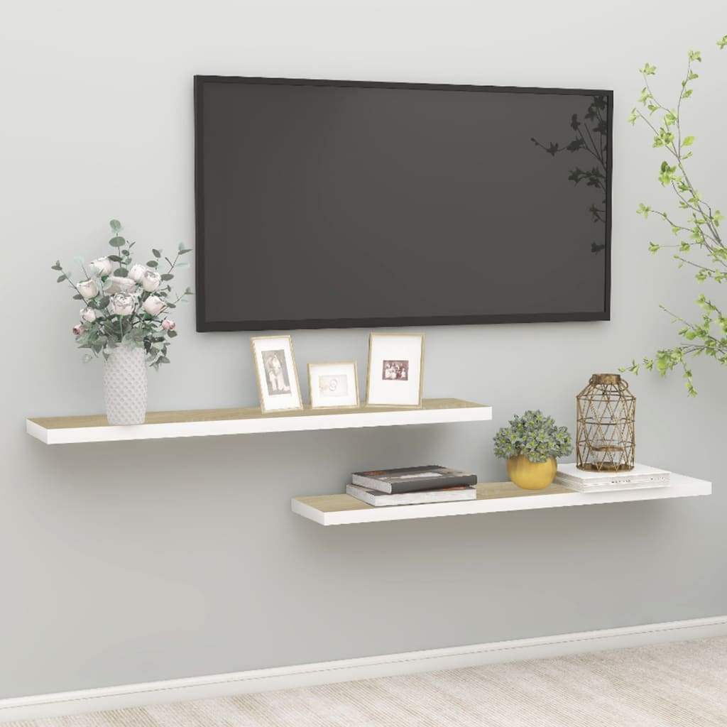 Flytende vegghyller 2 stk eik og hvit 120x23,5x3,8 cm MDF