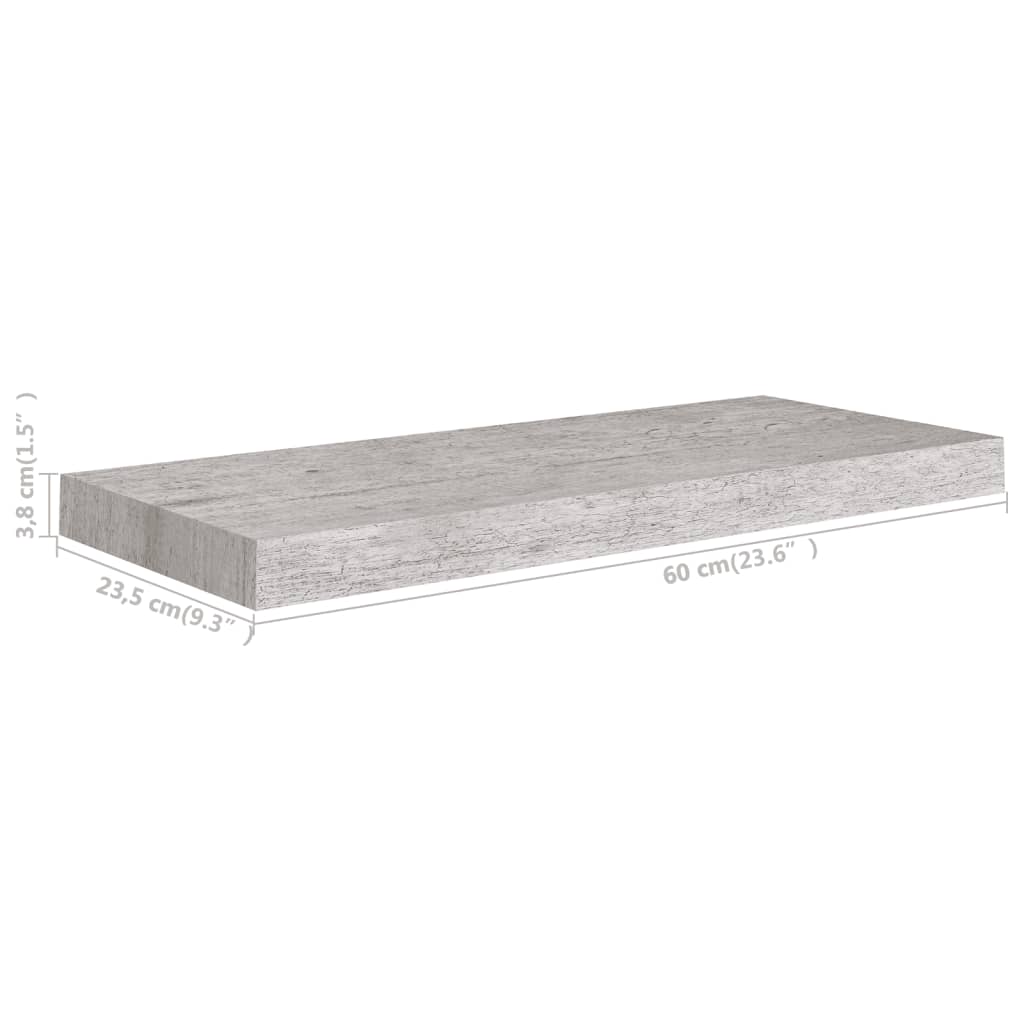 Flytende vegghyller 2 stk betonggrå 60x23,5x3,8 cm MDF