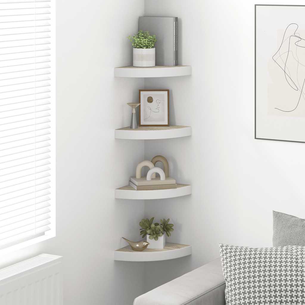 Hjørnehyller vegghengt 4 stk eik og hvit 25x25x3,8 cm MDF
