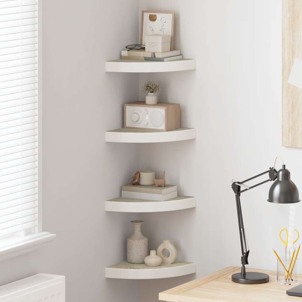 Hjørnehyller vegghengt 4 stk eik og hvit 25x25x3,8 cm MDF