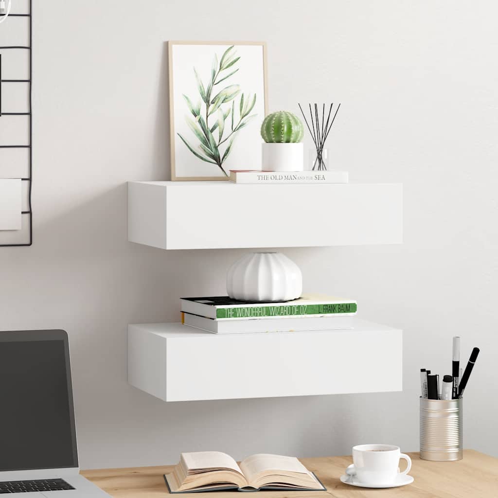 Veggmonterte skuffehyller 2 stk hvit 40x23,5x10 cm MDF