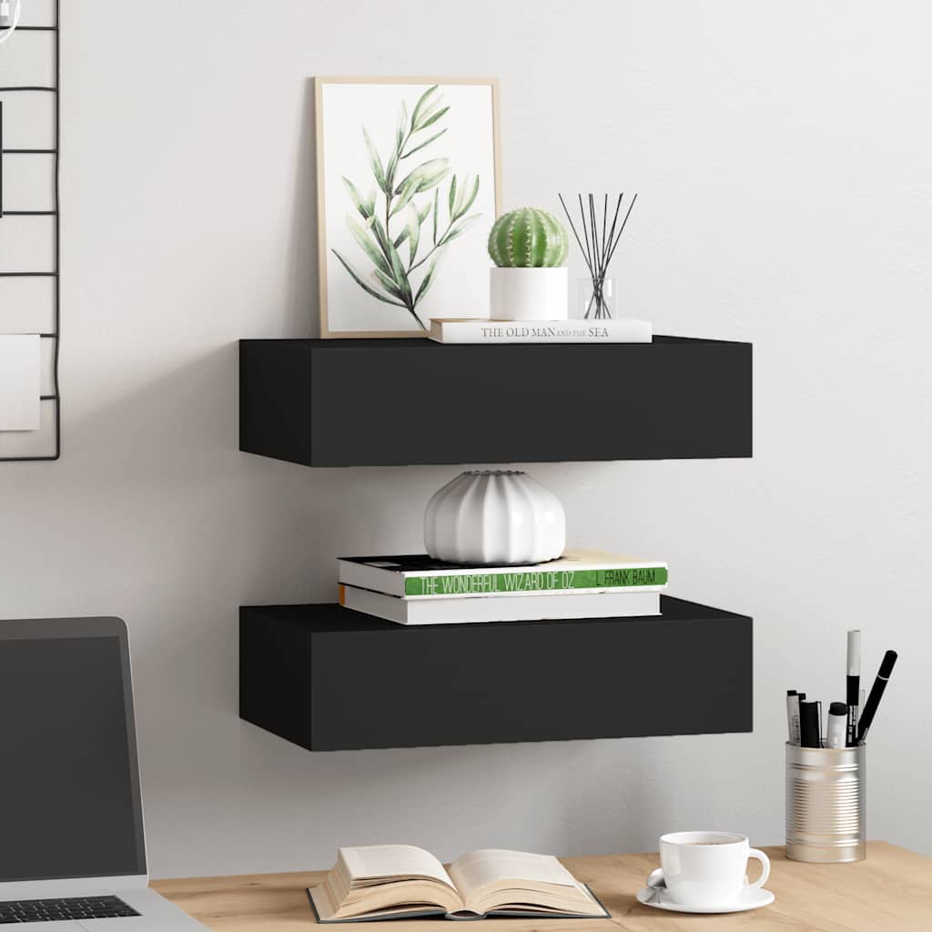 Veggmonterte skuffehyller 2 stk svart 40x23,5x10 cm MDF
