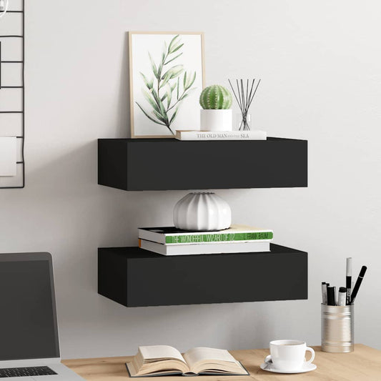 Veggmonterte skuffehyller 2 stk svart 40x23,5x10 cm MDF
