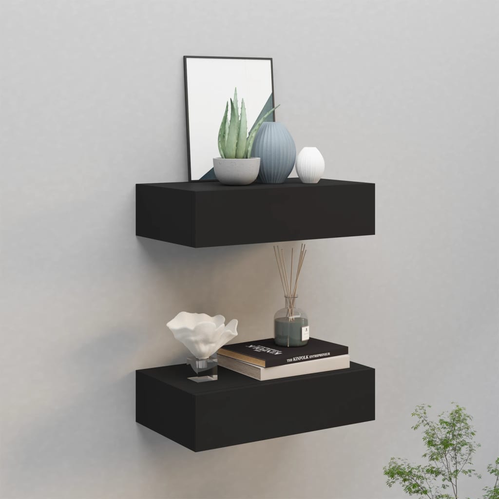Veggmonterte skuffehyller 2 stk svart 40x23,5x10 cm MDF