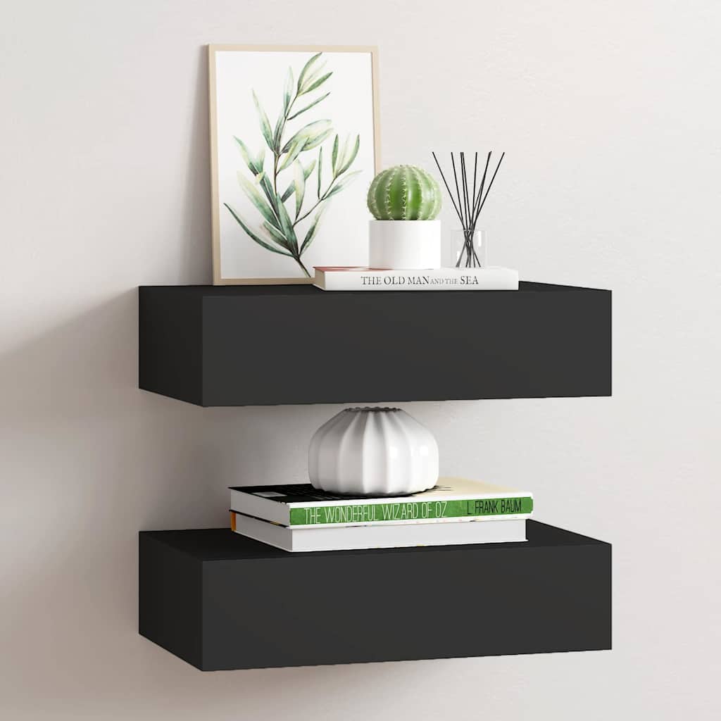 Veggmonterte skuffehyller 2 stk svart 40x23,5x10 cm MDF