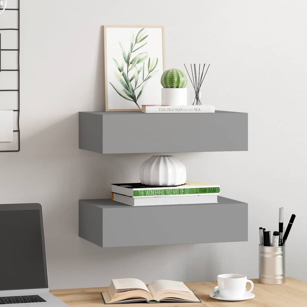 Veggmonterte skuffehyller 2 stk grå 40x23,5x10 cm MDF
