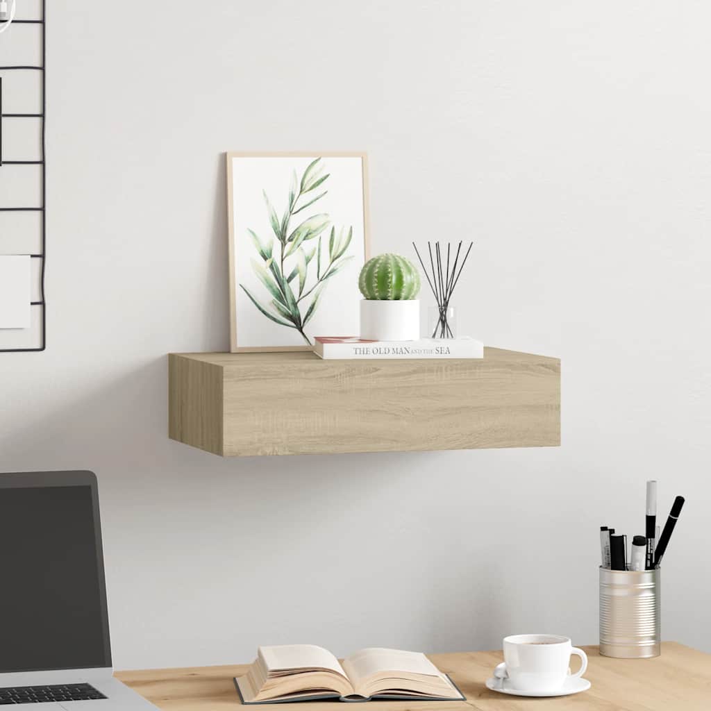 Veggmontert skuffehylle eik 40x23,5x10 cm MDF