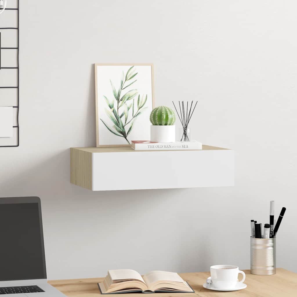 Veggmontert skuffehylle eik og hvit 40x23,5x10cm MDF