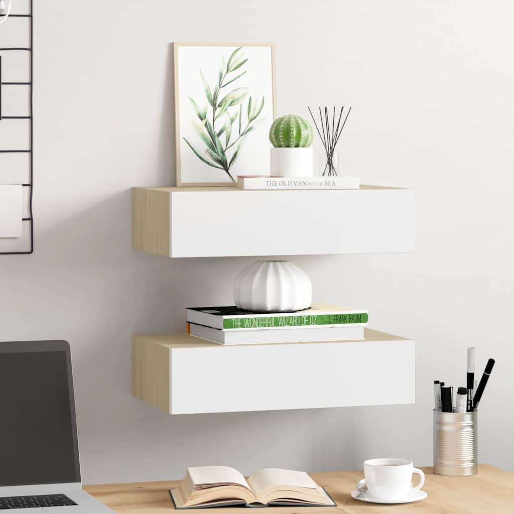 Veggmonterte skuffehyller 2 stk eik og hvit 40x23,5x10 cm MDF vidaXL
