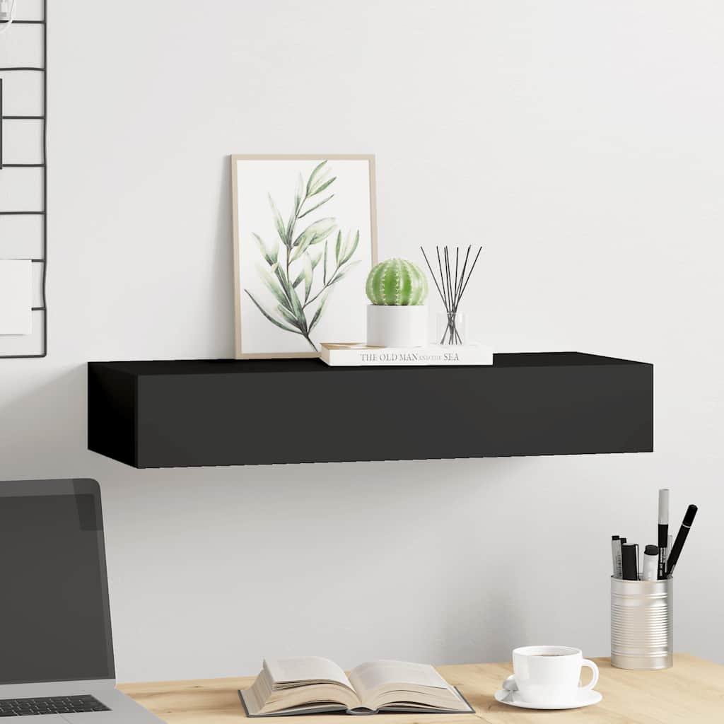Veggmontert skuffehylle svart 60x23,5x10 cm MDF