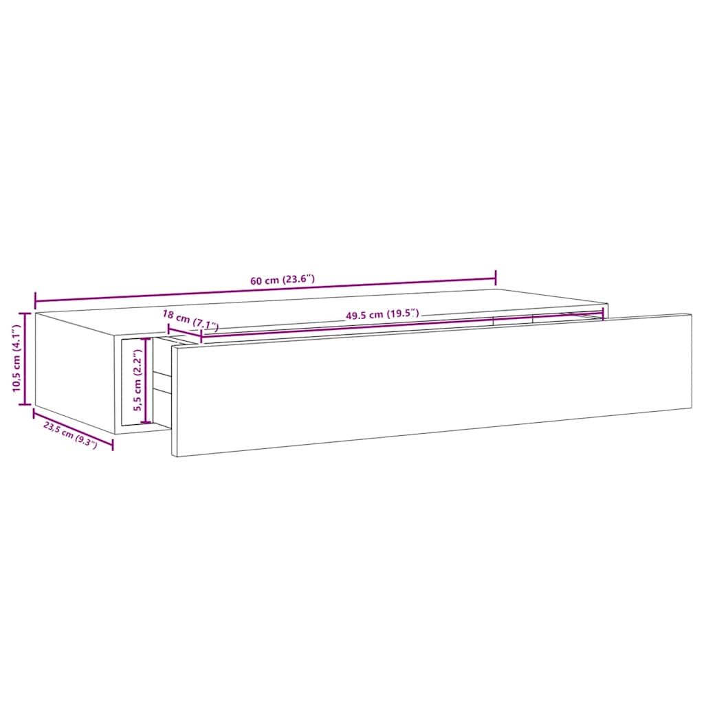 Veggmontert skuffehylle svart 60x23,5x10 cm MDF