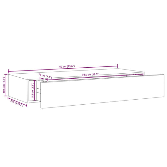 Veggmontert skuffehylle svart 60x23,5x10 cm MDF