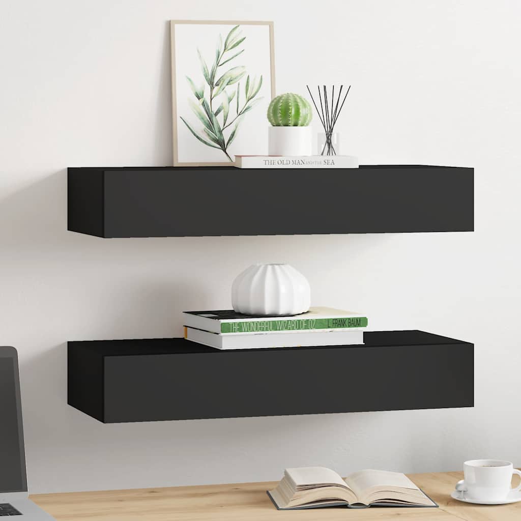 Veggmonterte skuffehyller 2 stk svart 60x23,5x10 cm MDF