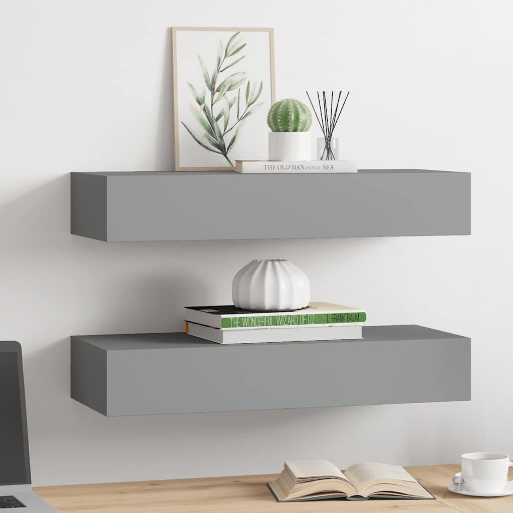 Veggmonterte skuffehyller 2 stk grå 60x23,5x10 cm MDF