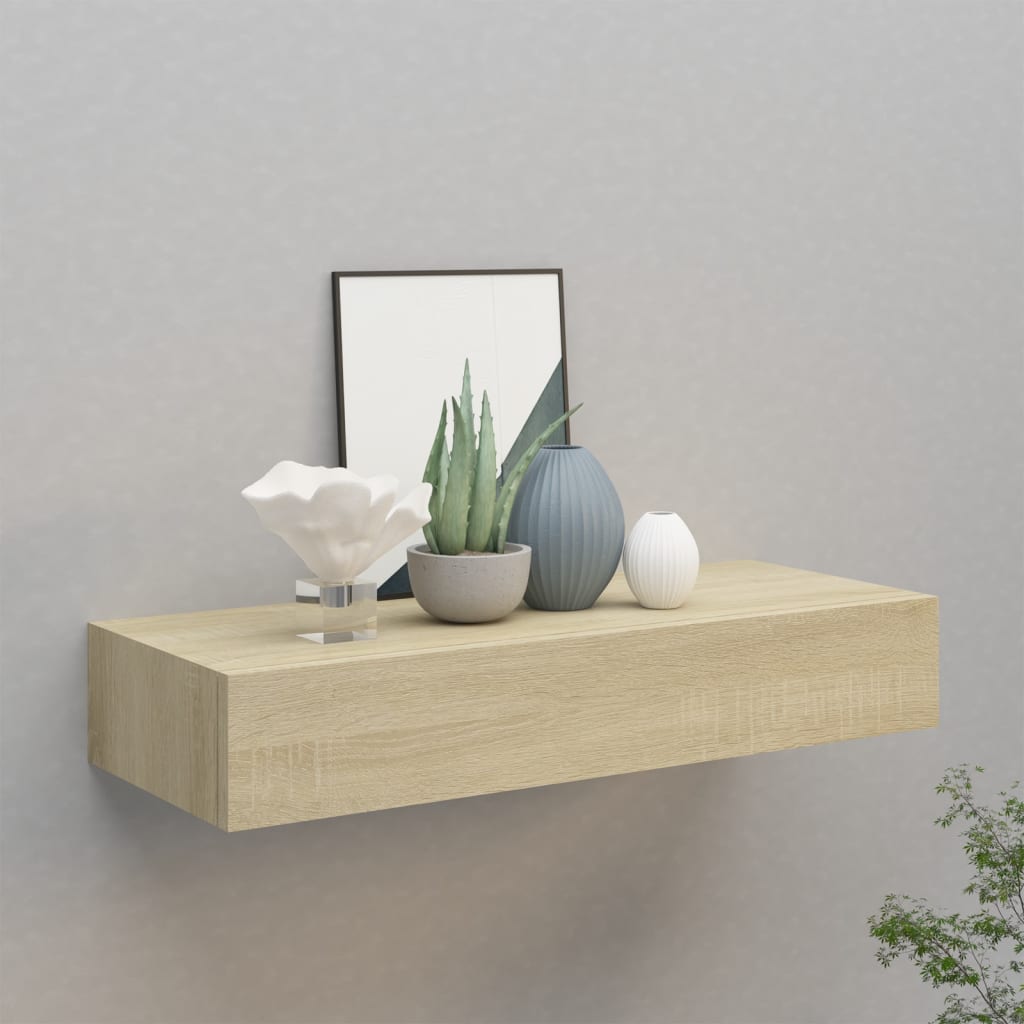 Veggmontert skuffehylle eik 60x23,5x10 cm MDF