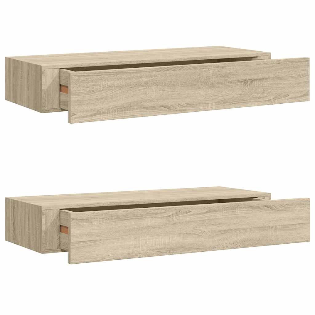 Veggmonterte skuffehyller 2 stk eik 60x23,5x10 cm MDF