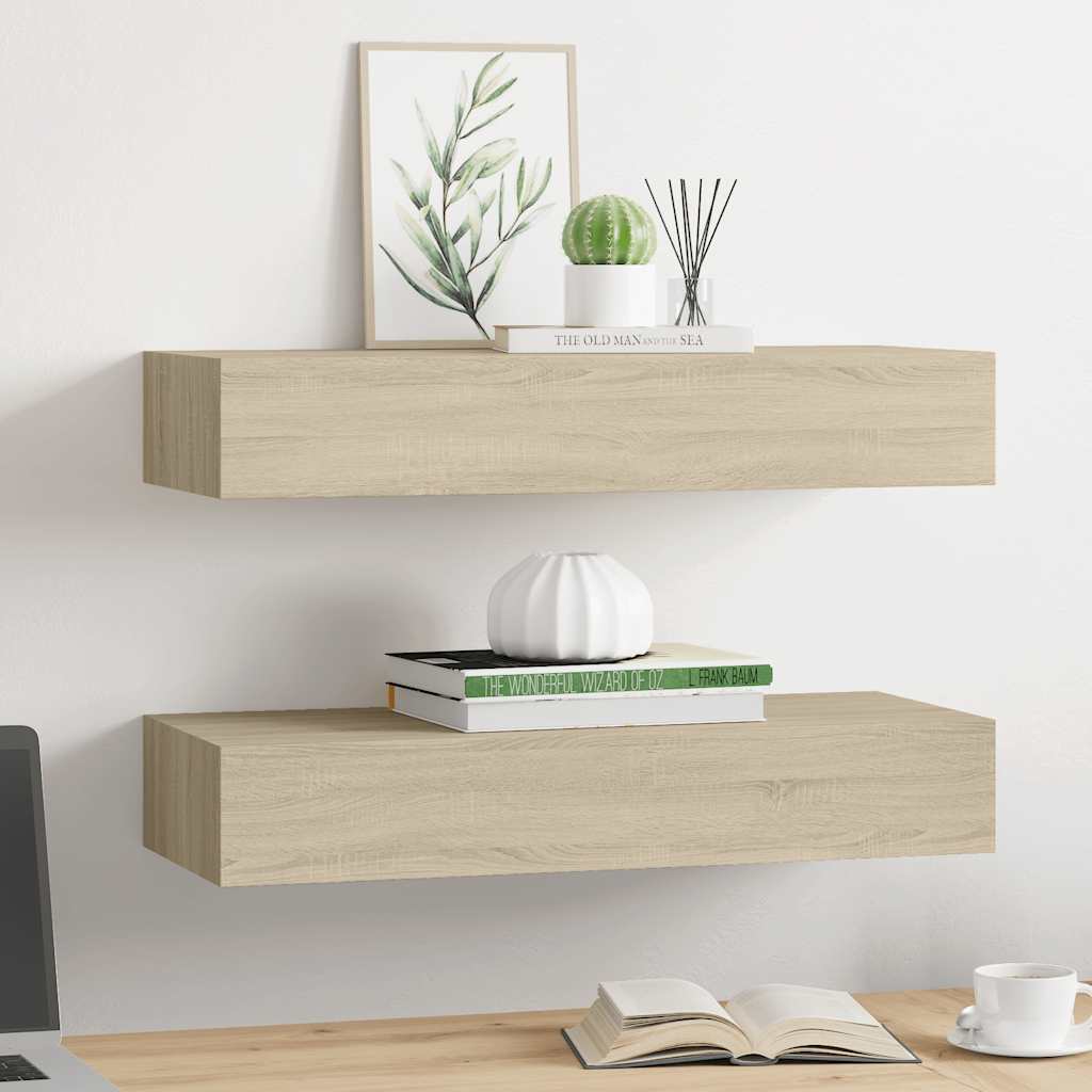 Veggmonterte skuffehyller 2 stk eik 60x23,5x10 cm MDF