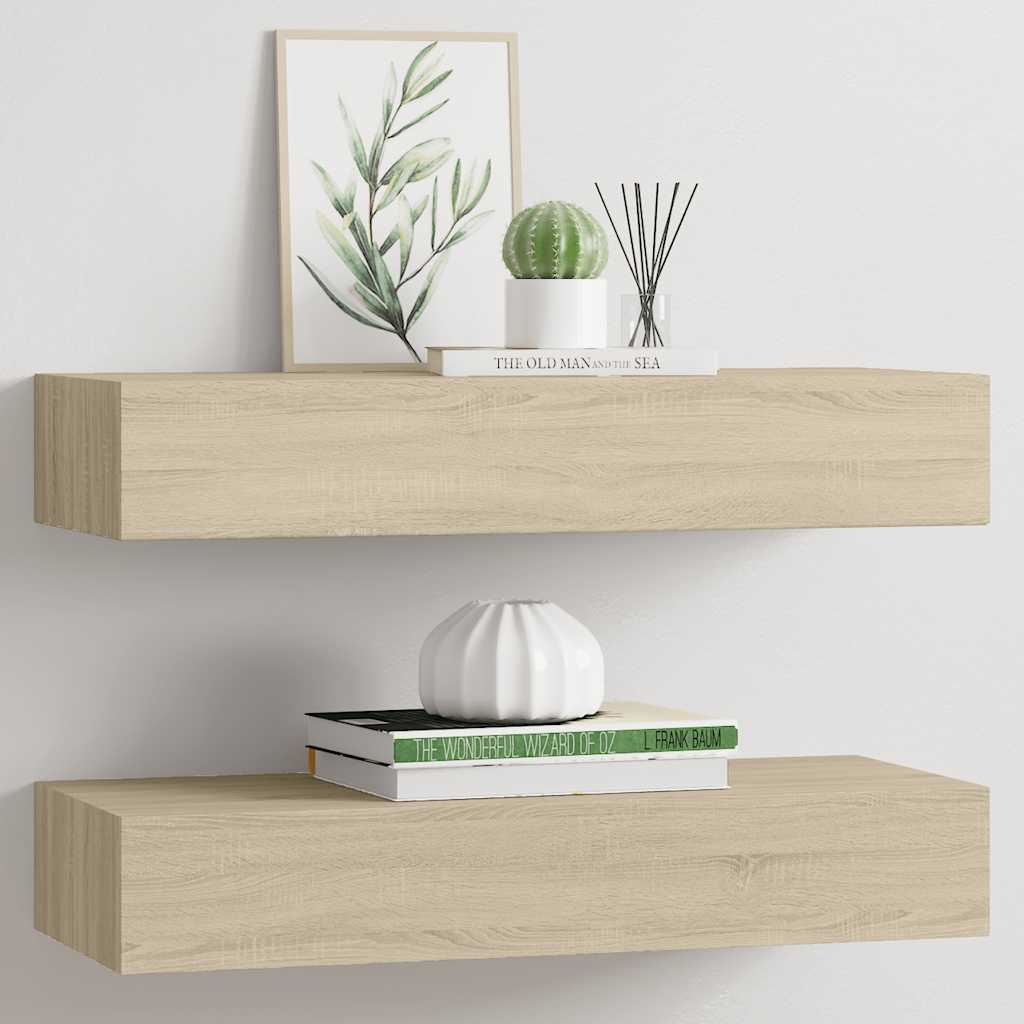 Veggmonterte skuffehyller 2 stk eik 60x23,5x10 cm MDF