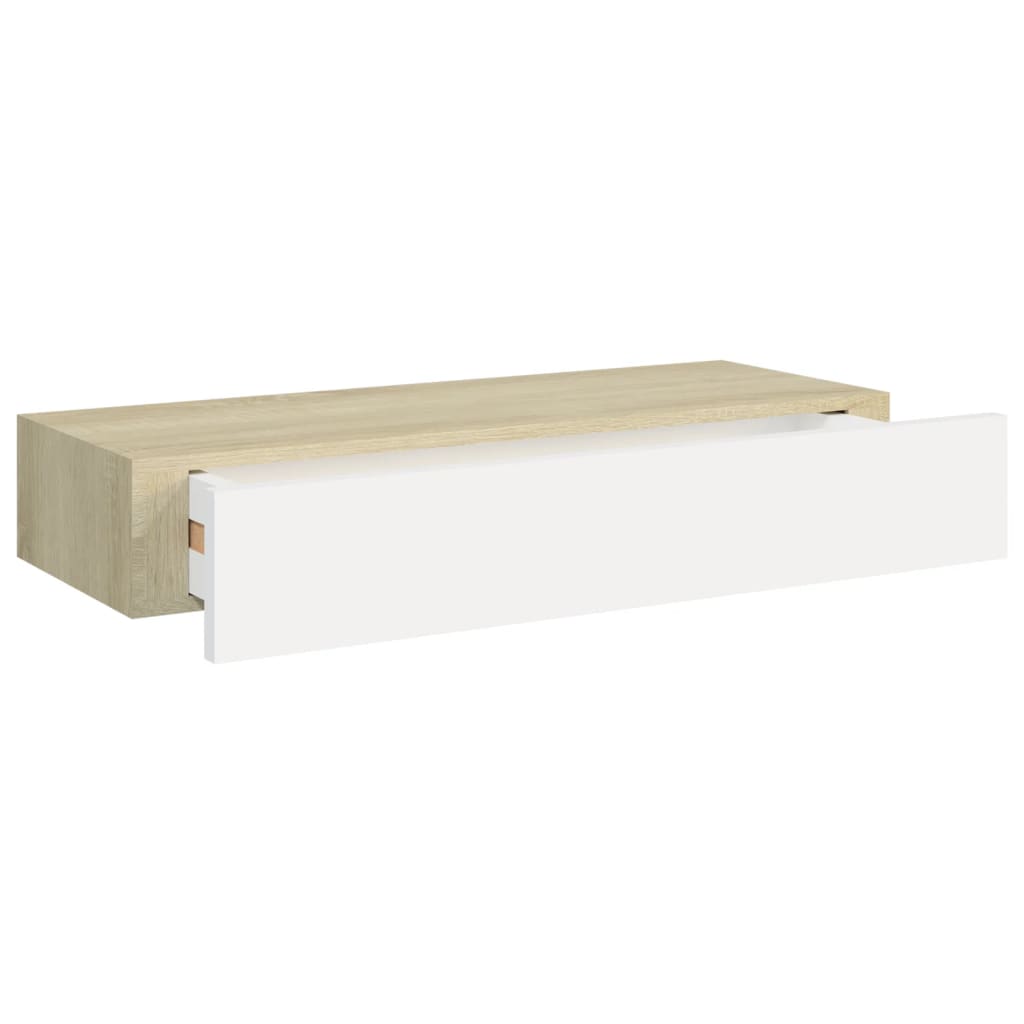 Veggmontert skuffehylle eik og hvit 60x23,5x10 cm MDF