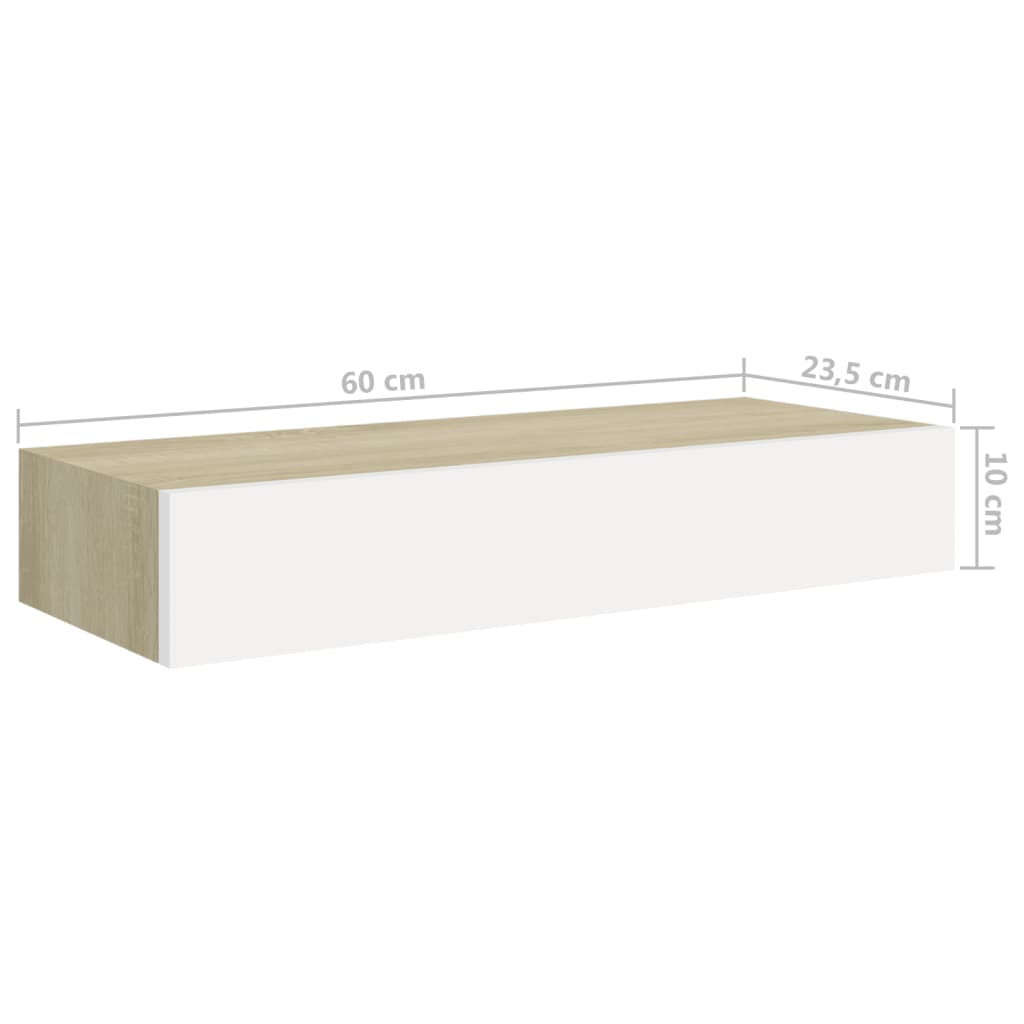 Veggmontert skuffehylle eik og hvit 60x23,5x10 cm MDF