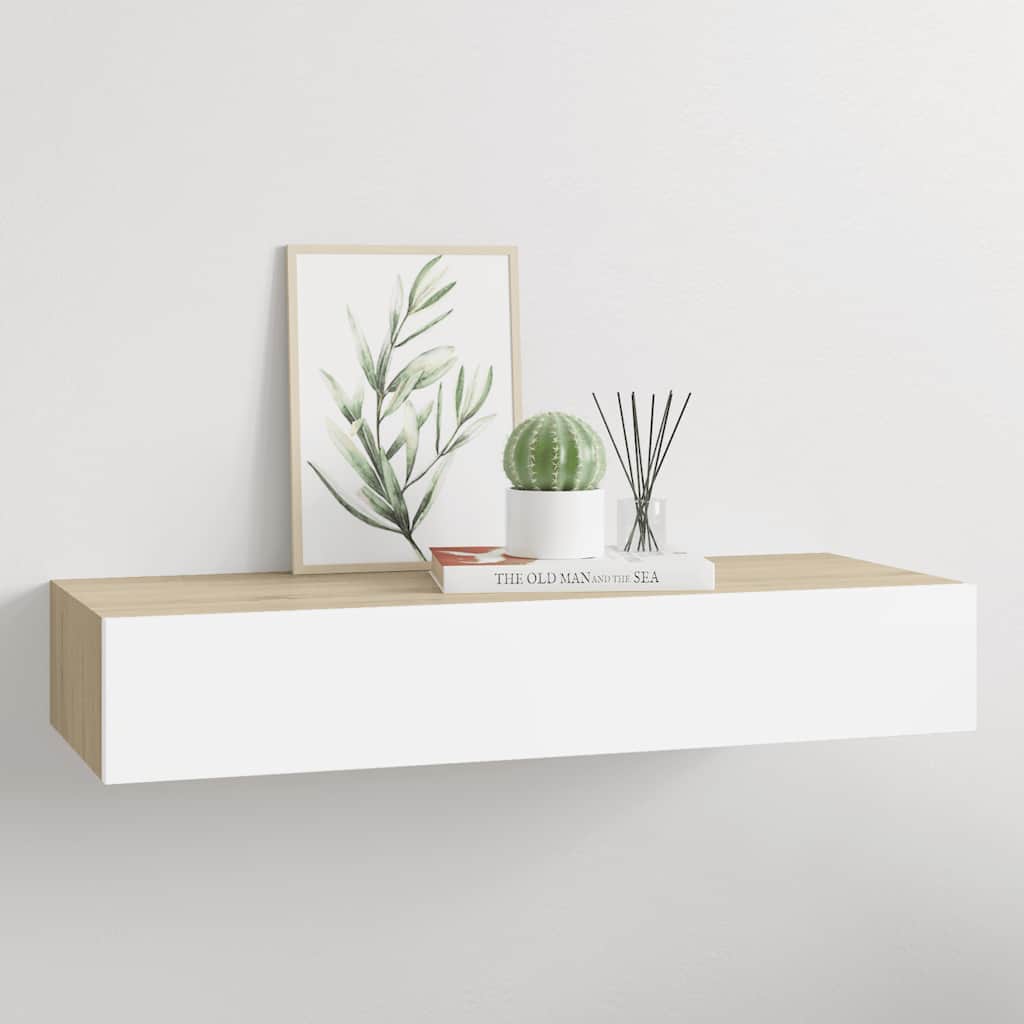 Veggmontert skuffehylle eik og hvit 60x23,5x10cm MDF