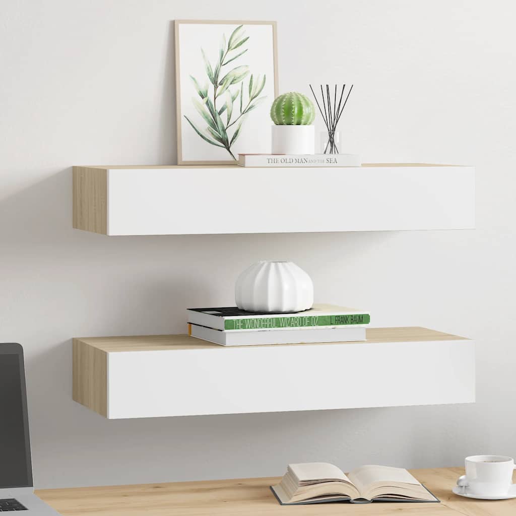 Vegghyller 2 stk eik og hvit 60x23,5x10 cm MDF