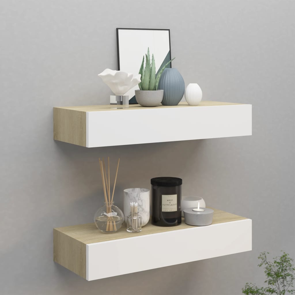 Vegghyller 2 stk eik og hvit 60x23,5x10 cm MDF