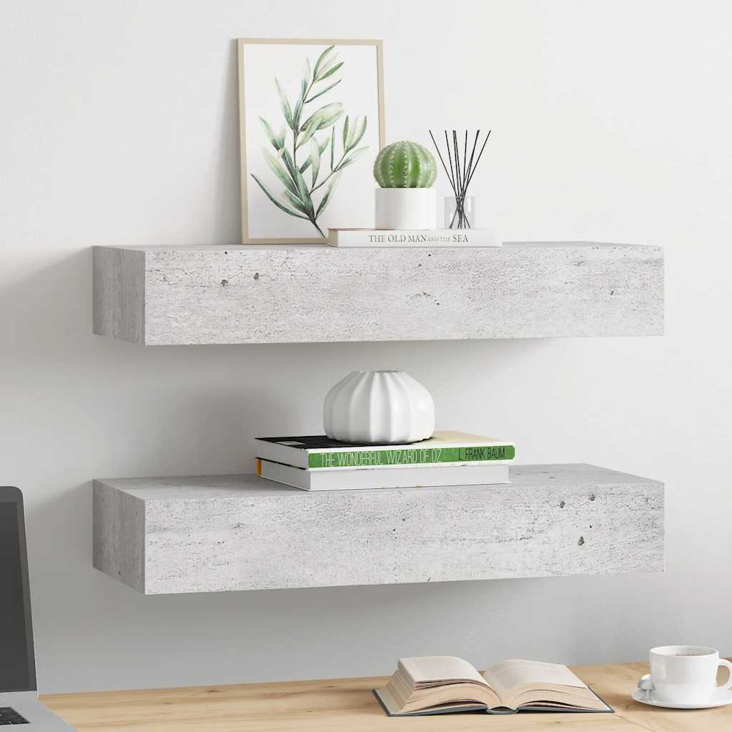 Veggmonterte skuffehyller 2 stk betonggrå 60x23,5x10 cm MDF