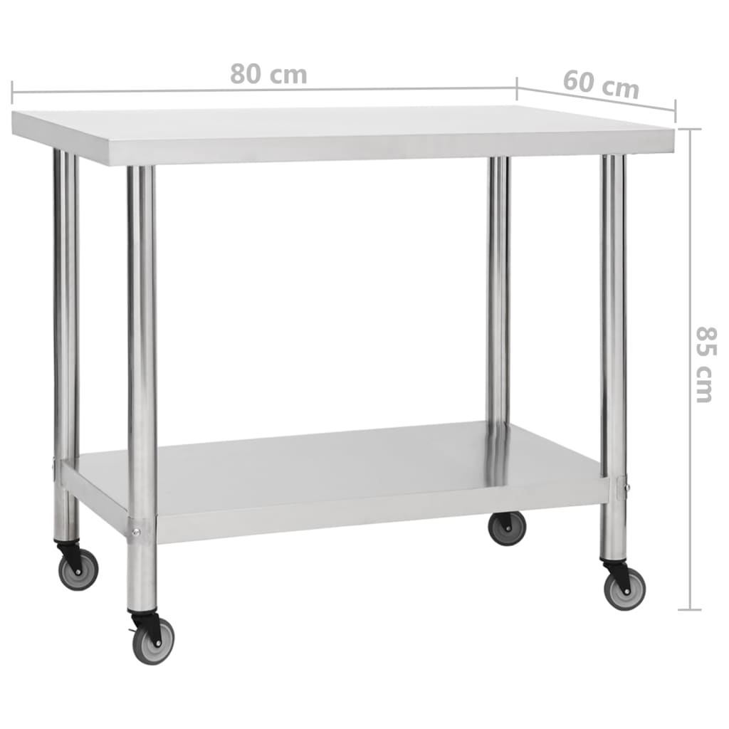 Arbeidsbord for kjøkken med hjul 80x60x85 cm rustfritt stål