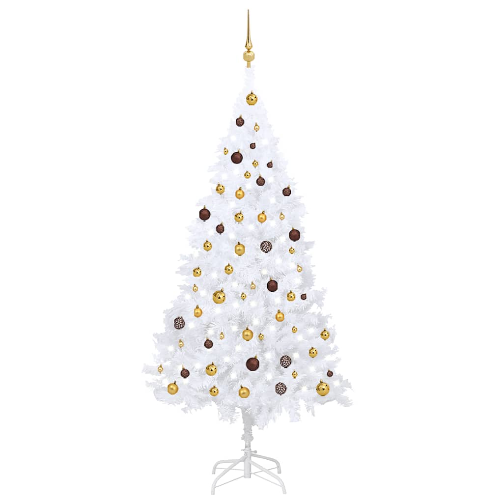 Forhåndsbelyst kunstig juletre med kulesett hvit 210 cm PVC