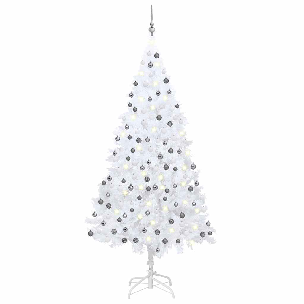 Forhåndsbelyst kunstig juletre med kulesett hvit 210 cm PVC
