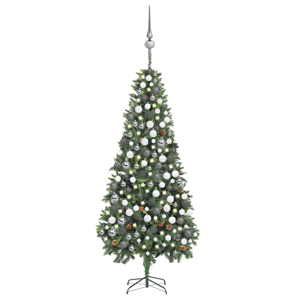 Forhåndsbelyst kunstig juletre med kulesett og kongler 210 cm