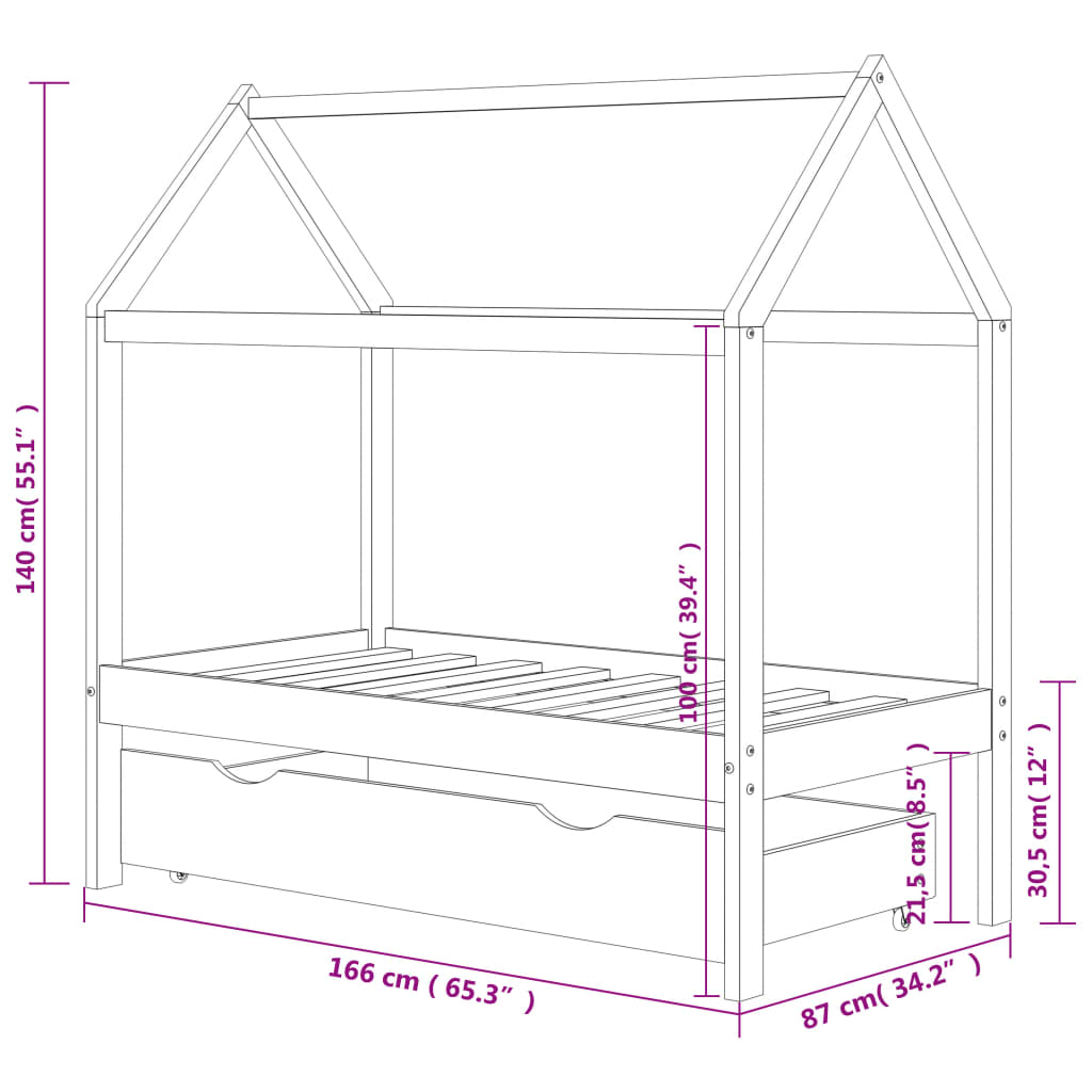 Sengeramme for barn med skuff heltre furu 80x160 cm mørkegrå