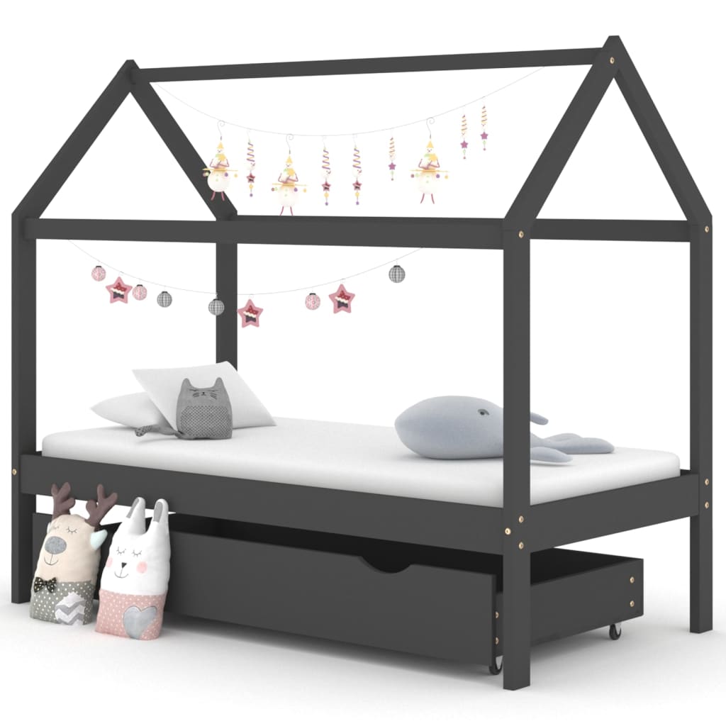Sengeramme for barn med skuff heltre furu 80x160 cm mørkegrå
