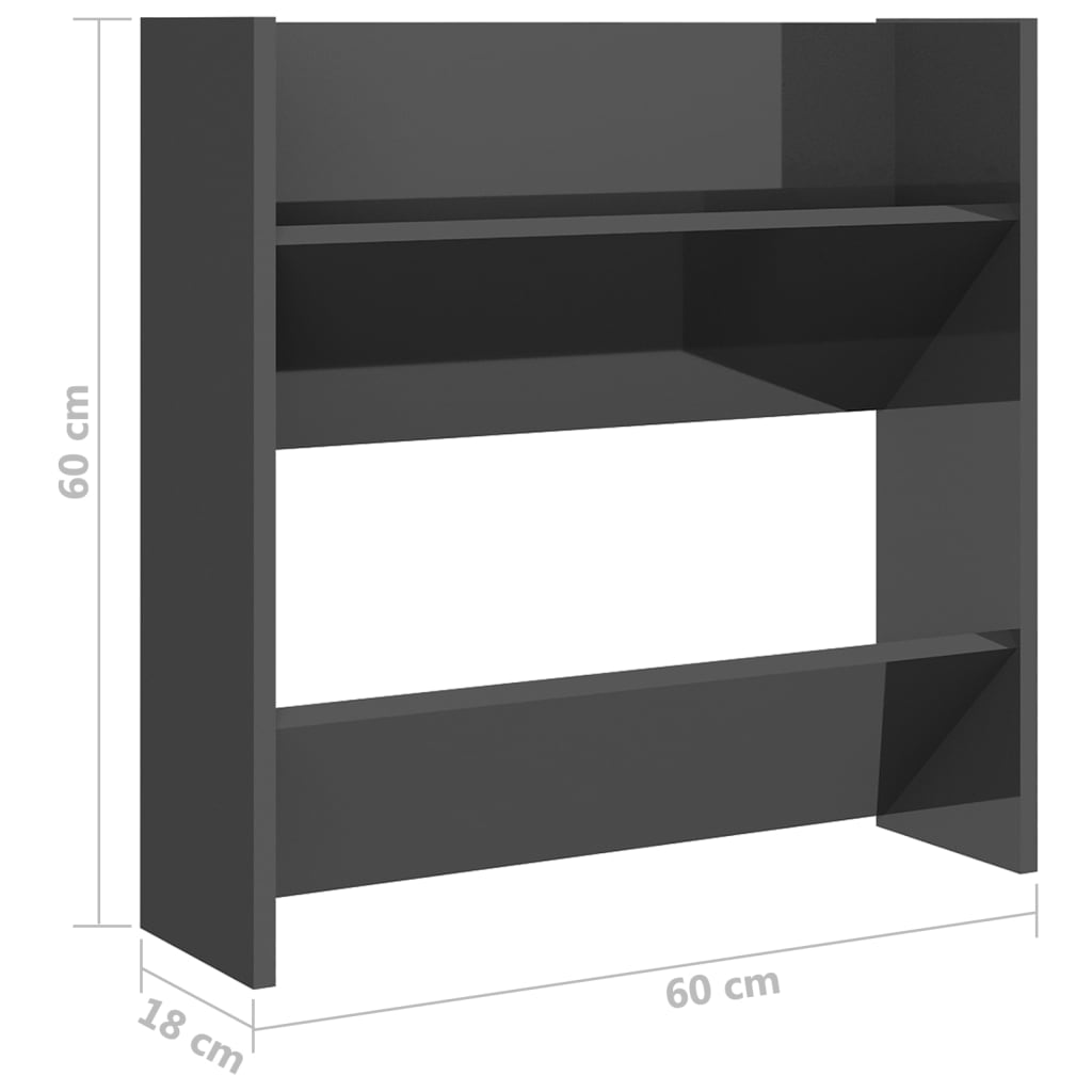 Veggmontert skoskap høyglans grå 60x18x60 cm konstruert tre