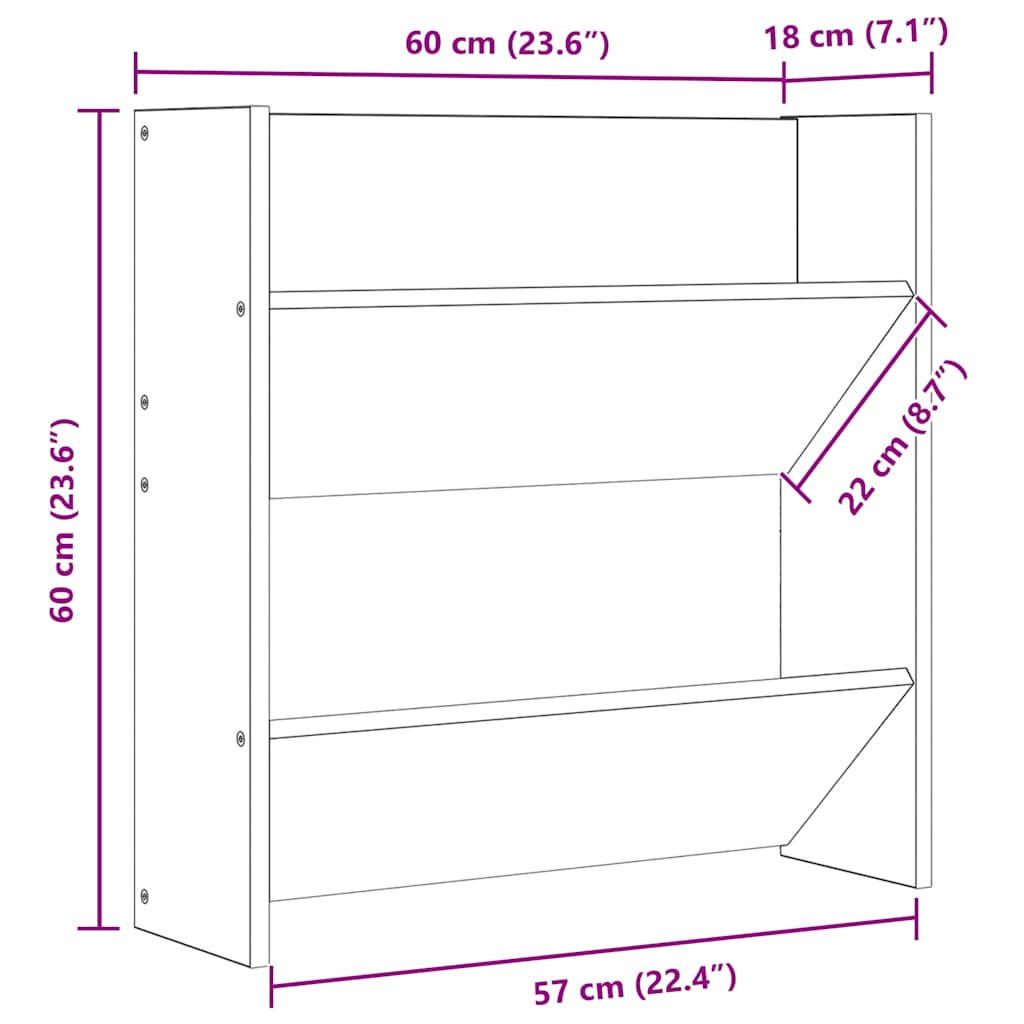 Veggmontert skoskap høyglans grå 60x18x60 cm konstruert tre