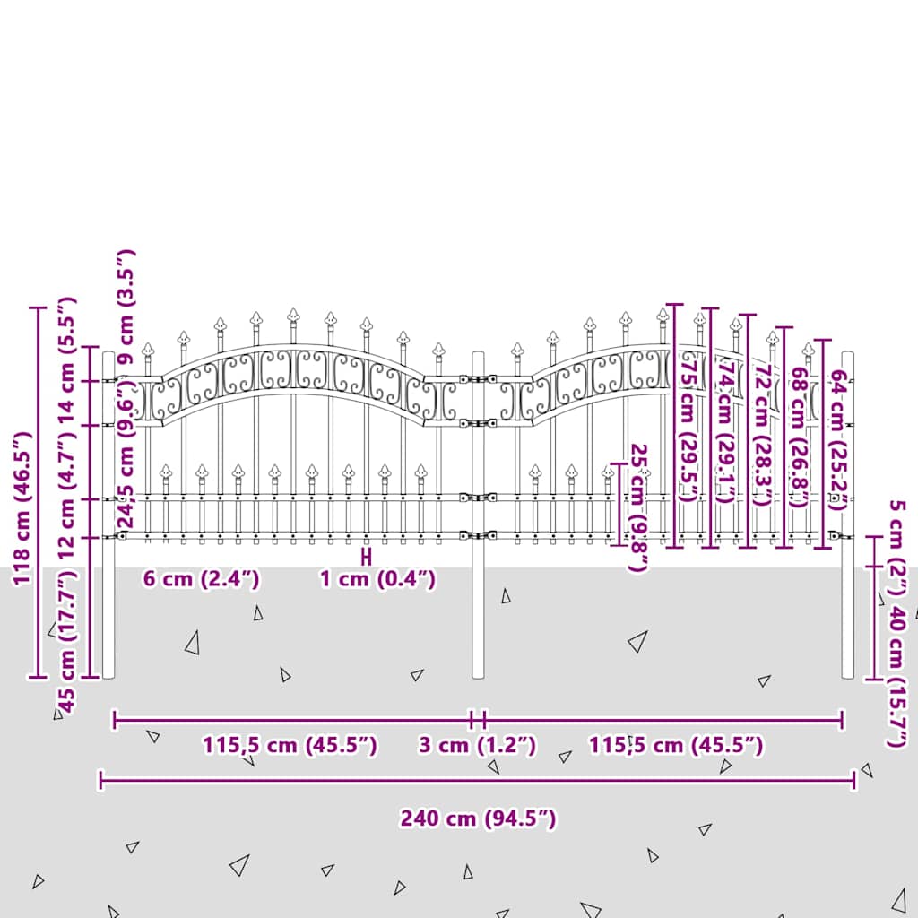 Hagegjerde med spydtopp svart 240x75 cm pulverlakkert stål