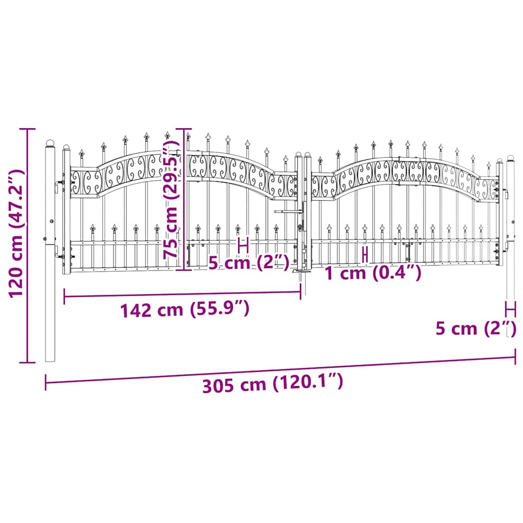 Gjerdeport med spydtopp svart 305x75 cm pulverlakkert stål