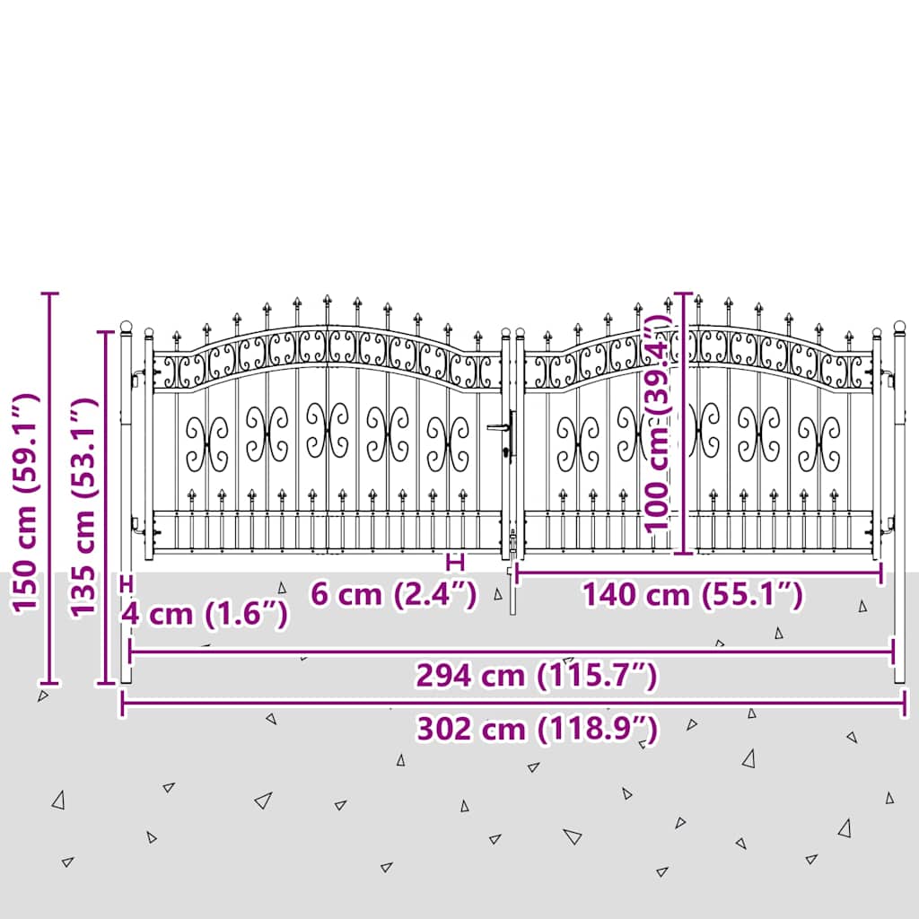 Gjerdeport KAMPEN med spydtopp svart 302x100 cm stål