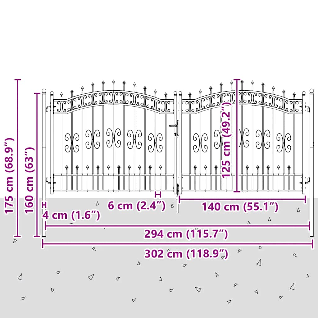 Gjerdeport KAMPEN med spydtopp svart 302x125 cm stål