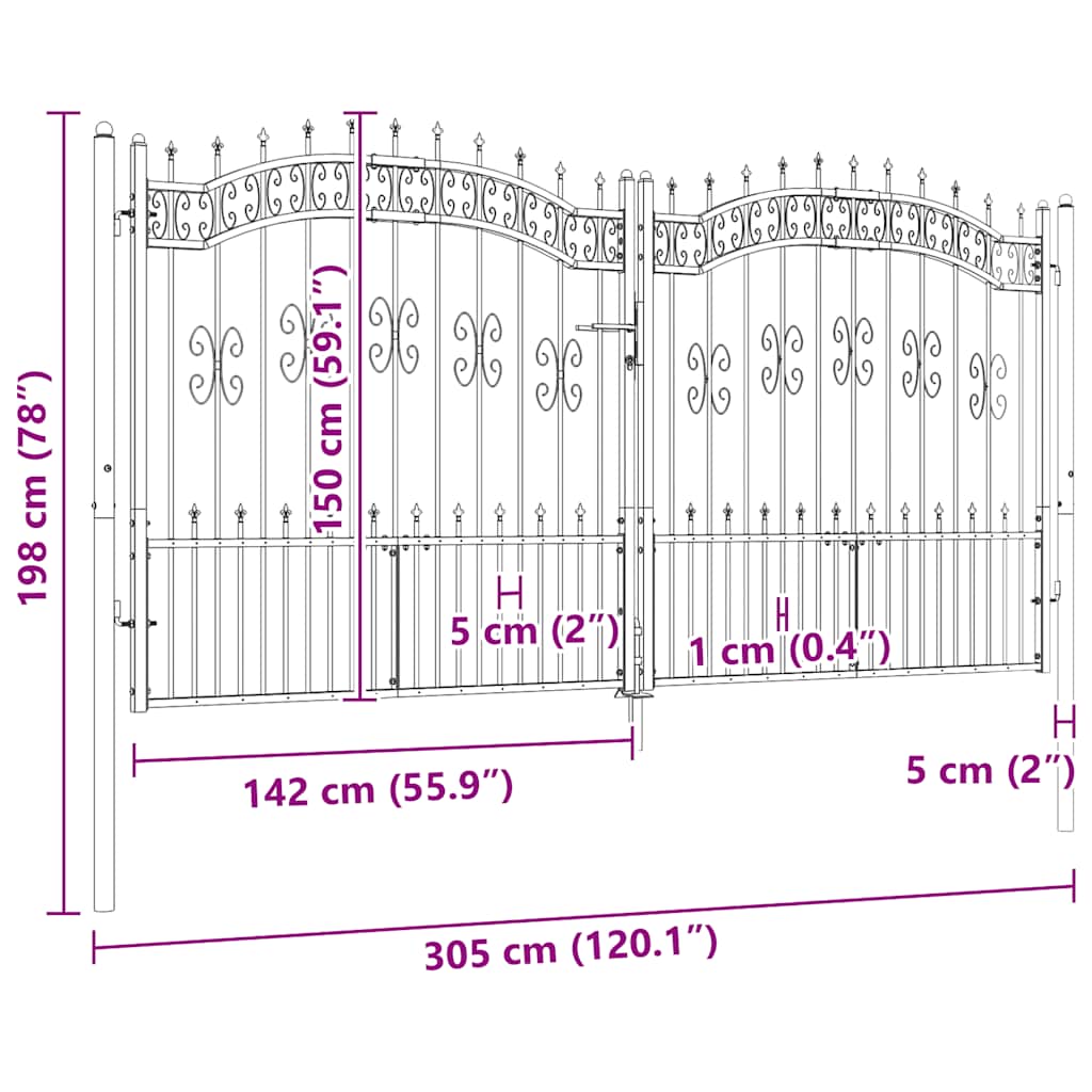 Gjerdeport med spydtopp svart 305x150 cm pulverlakkert stål