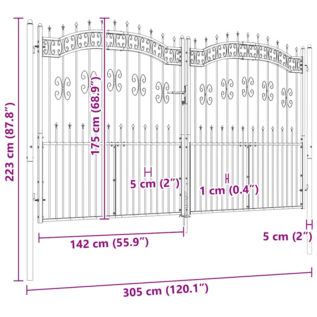 Gjerdeport med spydtopp svart 305x175 cm pulverlakkert stål